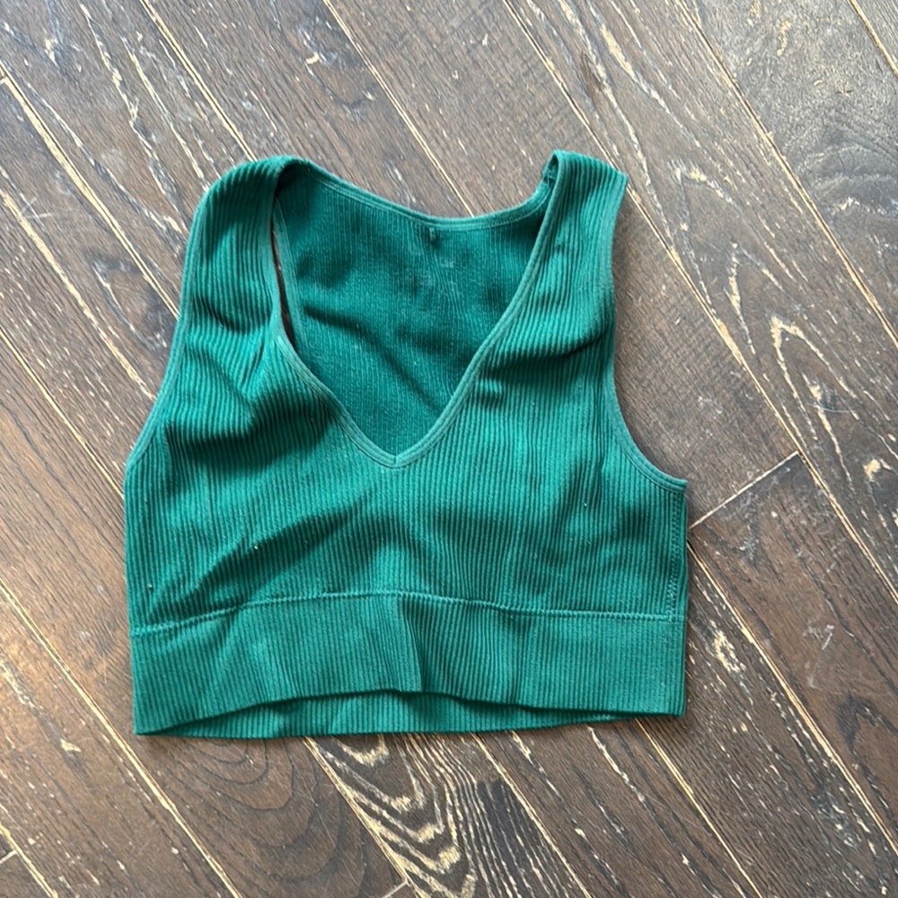 Ribbed Green V-Neck Crop Top